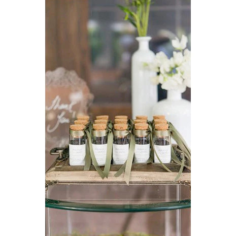 MINI GLASS FAVOR BOTTLE WITH CORK (SET OF 6) with seeds inside