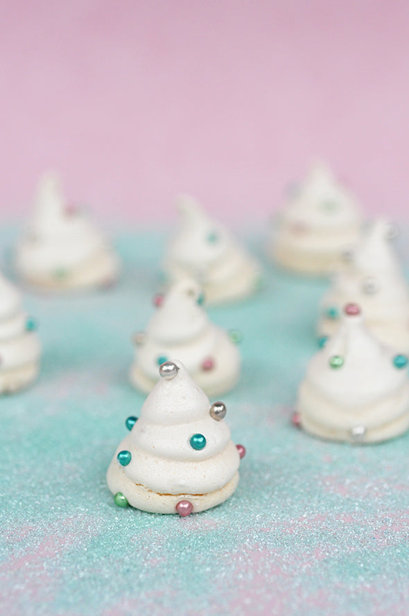 White Christmas Tree Meringues with Silver Balls