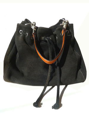 Draw String Hobo Pouch Bag In Black Butter Napa