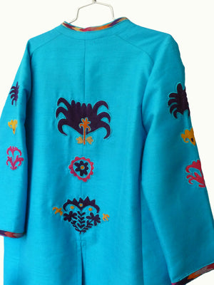 Silk Vintage Suzani Open Tunic Cocktail Coat Turquoise – IMPERIO jp