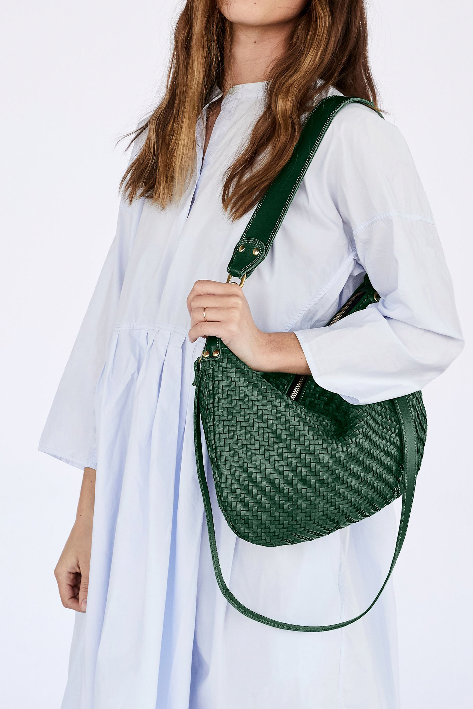 Clare Vivier Moyen Messenger in Evergreen Woven Zig Zag