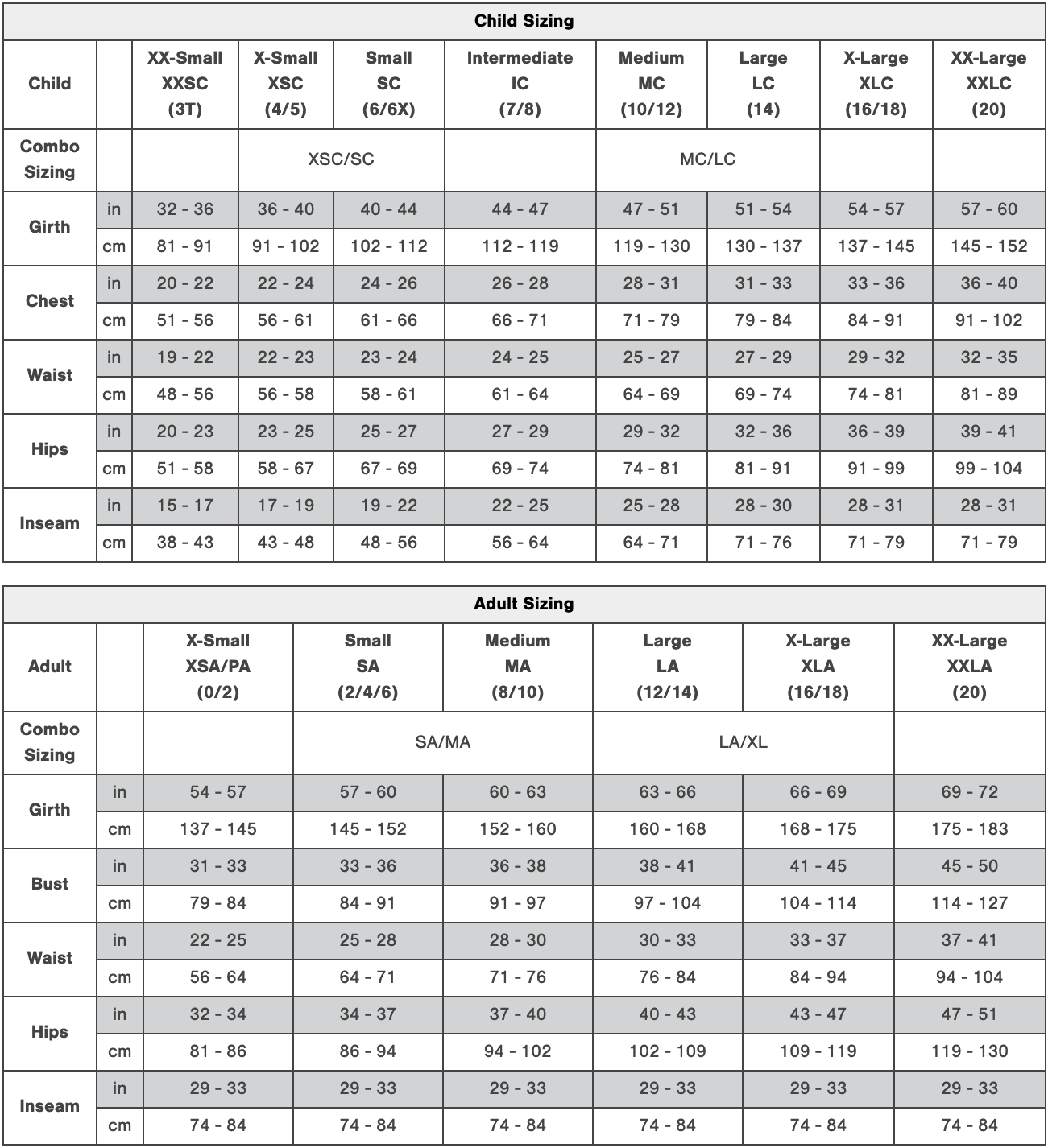 Balera Leotard Size Chart