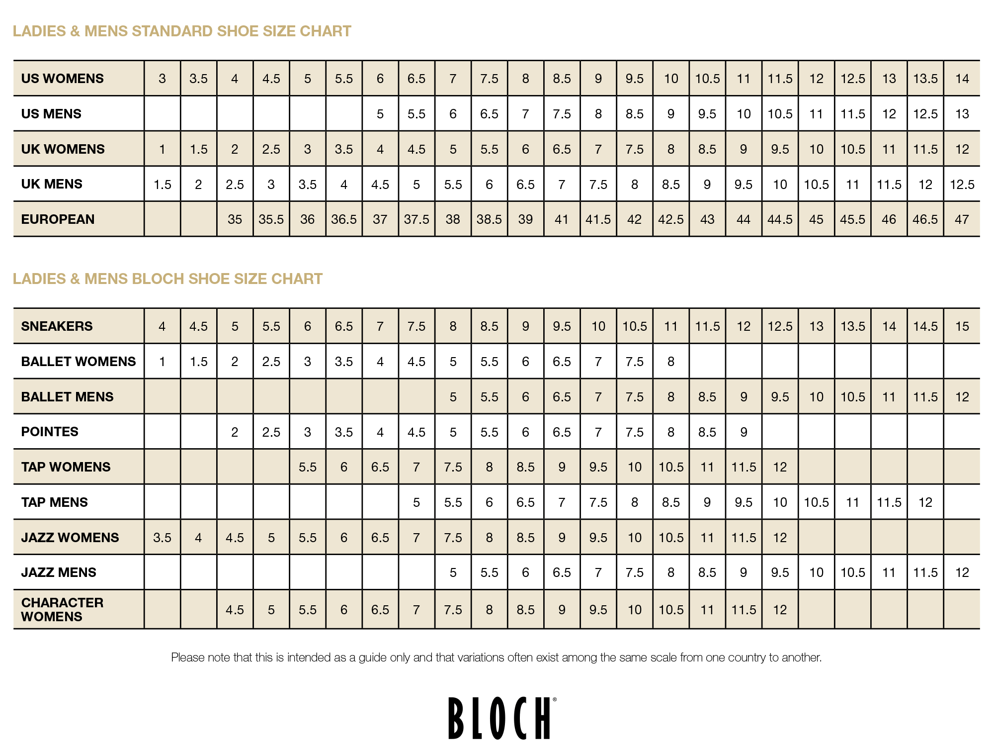 Bloch Size Chart
