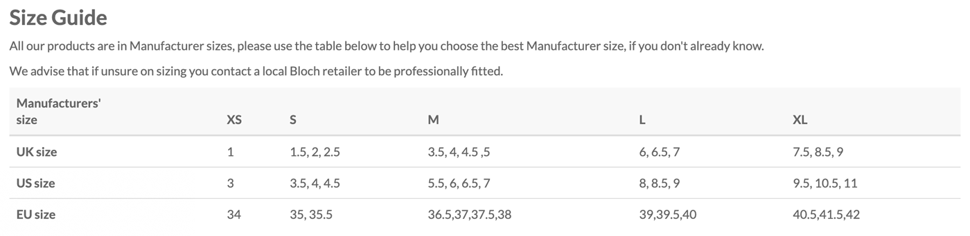 bloch booties size chart