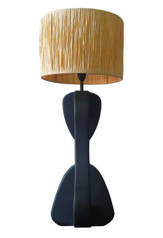 Custom Made Oak Wood Table Lamp with Raffia Shade