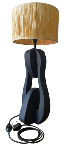 Custom Made Oak Wood Table Lamp with Raffia Shade