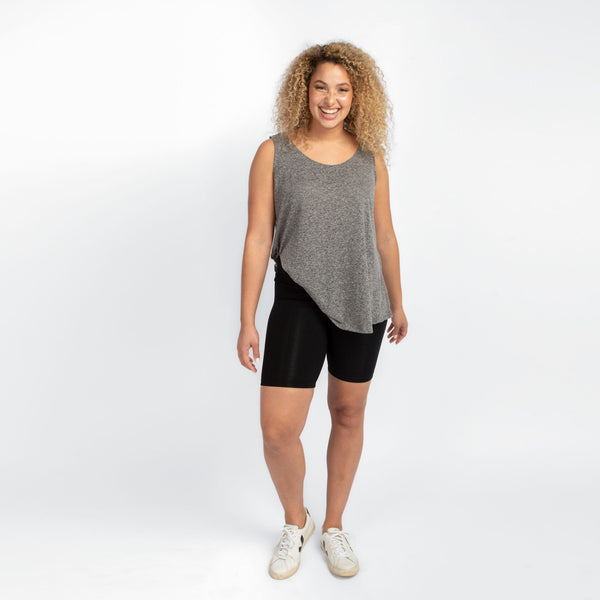 womens biker shorts tank and sneakers casual look