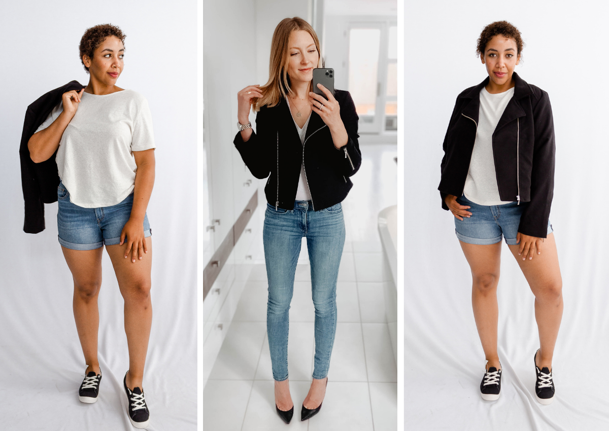 White t-shirt and moto jacket outfit