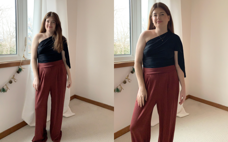 Comfy wide leg pant styled with one-shoulder top holiday