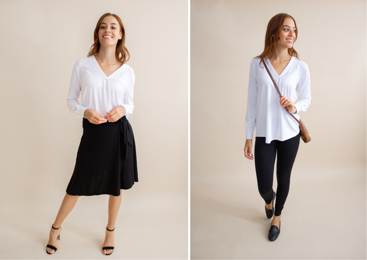 The comfy dress shirt styled with the everyday wrap skirt and the dressy leggings