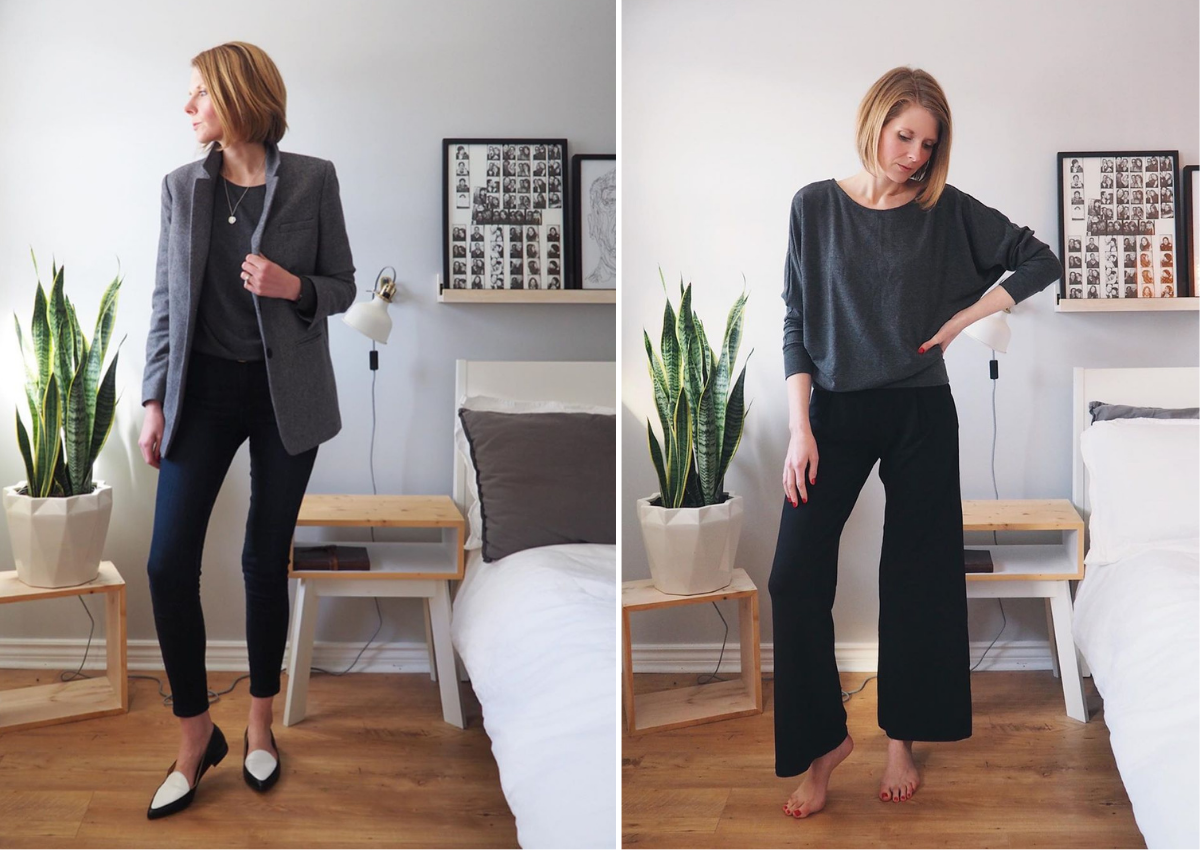 Dressy sweatshirt styled with trousers