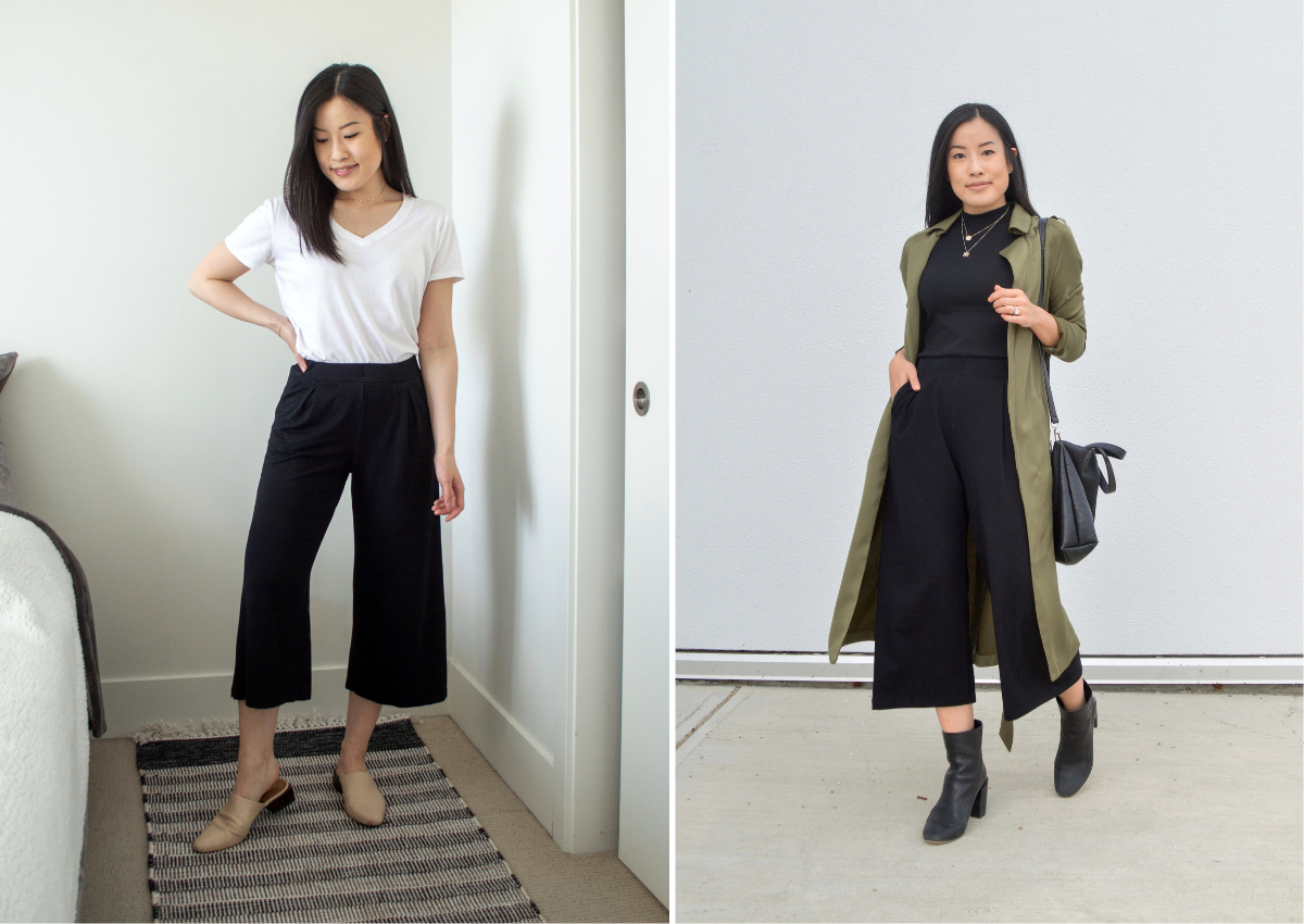 Comfy wide leg crop styled with a t-shirt, jacket, heels and mules