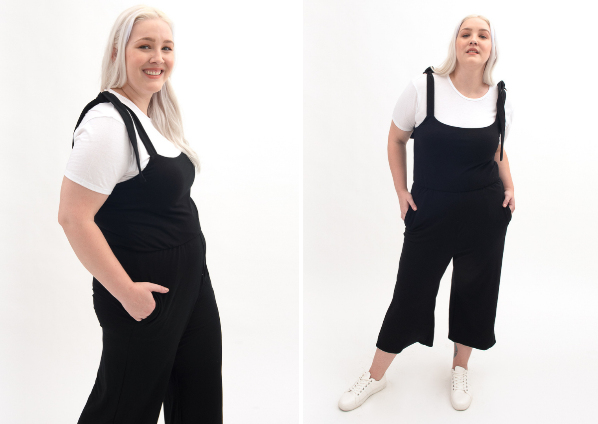 white t-shirt and black comfy convertible jumpsuit