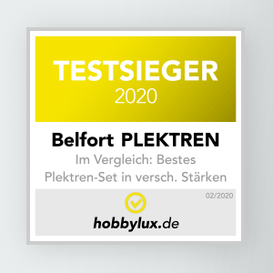 Testsieger Auszeichnung der Belfort Plektren, im Vergleich “Bestes Plektren-Set in verschiedenen Stärken” 02/2020. Ausgezeichnet von hobbylux.de.