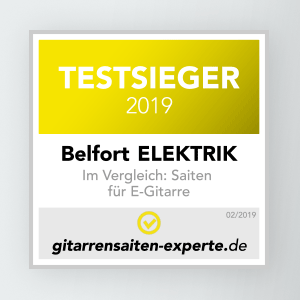 Testsieger Auszeichnung der Belfort Elektrik Saiten, im Vergleich “Gitarrensaiten für E-Gitarre” 02/2019. Ausgezeichnet von gitarrensaiten-expert.de.