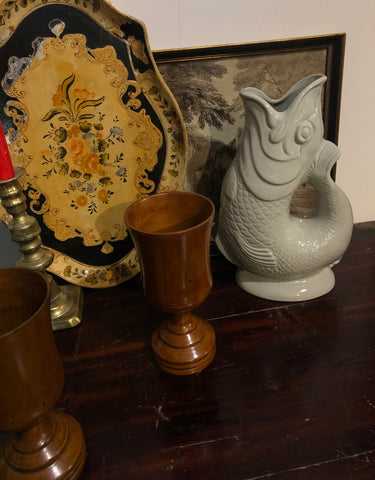 Large grey gluggle jug with wooden goblets Japanese tray