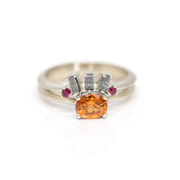 orange garnet white gold salt pepper diamond and ruby wedding band custom made in montreal on white background