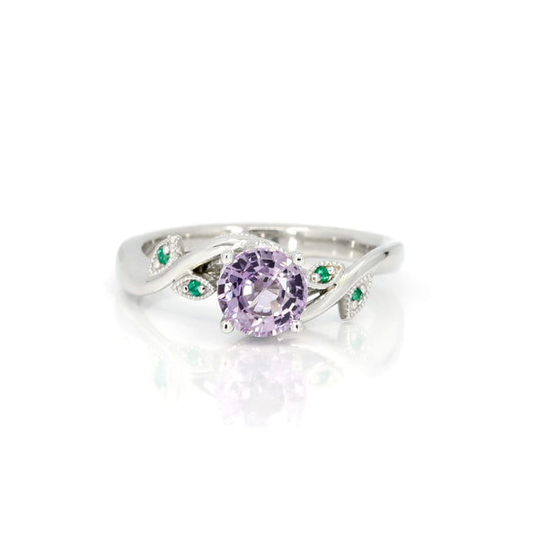 Round Purple Sapphire and Round Emerald Platinum Ring by Bena Jewelry