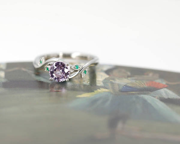 Platinum Purple Sapphire and Emerald Ring by Bena Jewelry Made in Montreal