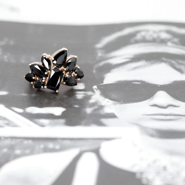 statement black gemstone rose gold ring custom made by bena jewelry designer in montreal