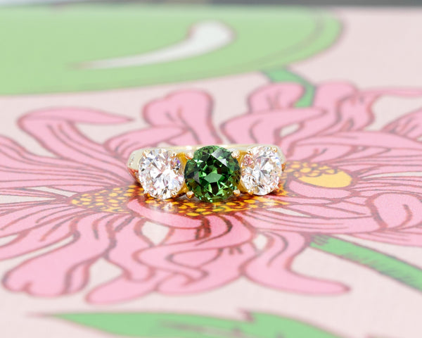 Green Tourmaline and Diamond Trilogy Ring Made by Bena Jewelry
