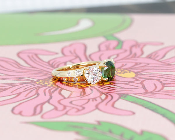 Green Tourmaline and Diamond Trilogy Ring Made by Bena Jewelry