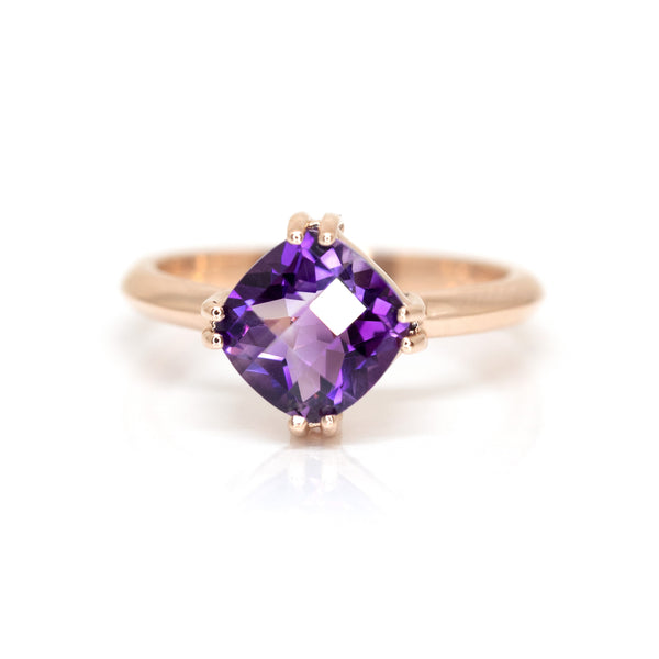 cushion amethyst rose gold unique statement ring made in montreal by bena jewelry designer on a white background