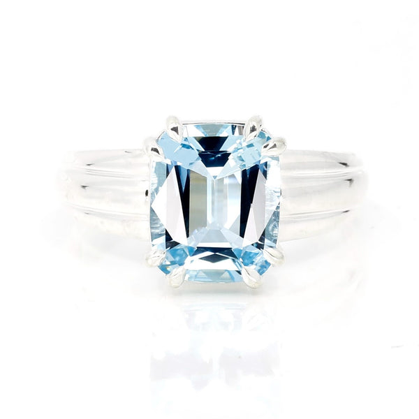 Front View Cushion Cut Aquamarine Statement Silver Ring Made in Montreal by Bena Jewelry On White Background