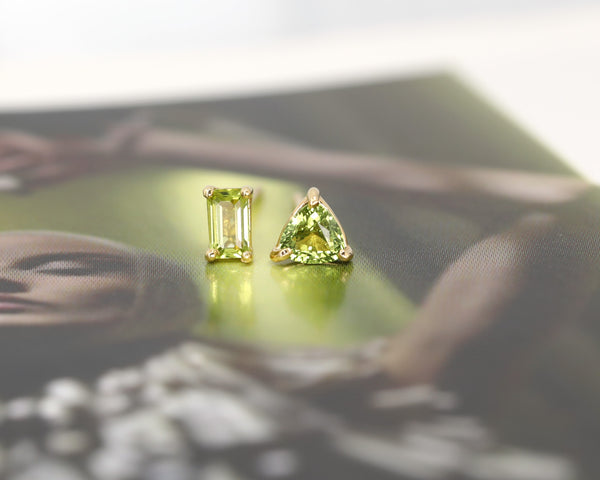 Peridot and green sapphire minimalist stud earrings bena jewelry montreal