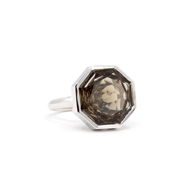 Smoky Quartz Bezel Setting White Gold Ring Statement Ring by Bena Jewelry