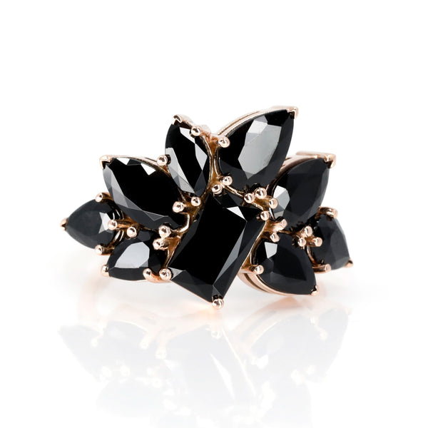 black gemstone avalanche statement rose gold ring by bena jewelry designer in montreal on white background