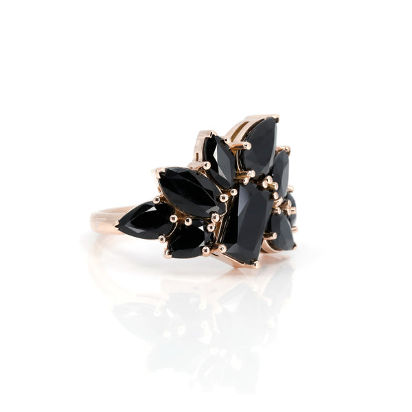 side view of black tourmaline gemstone rose gold ring statement desginer jewels by bena jewerly in montreal on white background