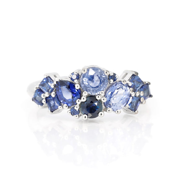 Blue Sapphire Avalanche White Gold Ring by Bena Jewelry