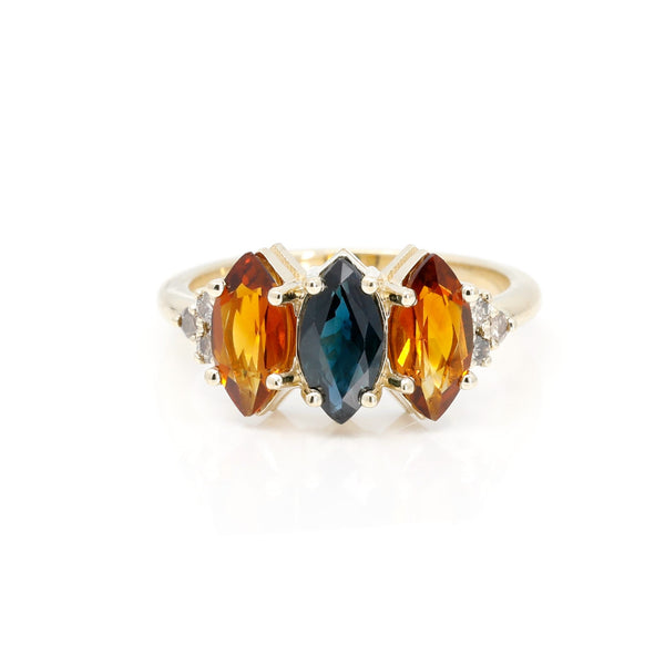 Trilogy Marquise Shape Sapphire Diamond and Citrine Gold Ring by Bena Jewelry