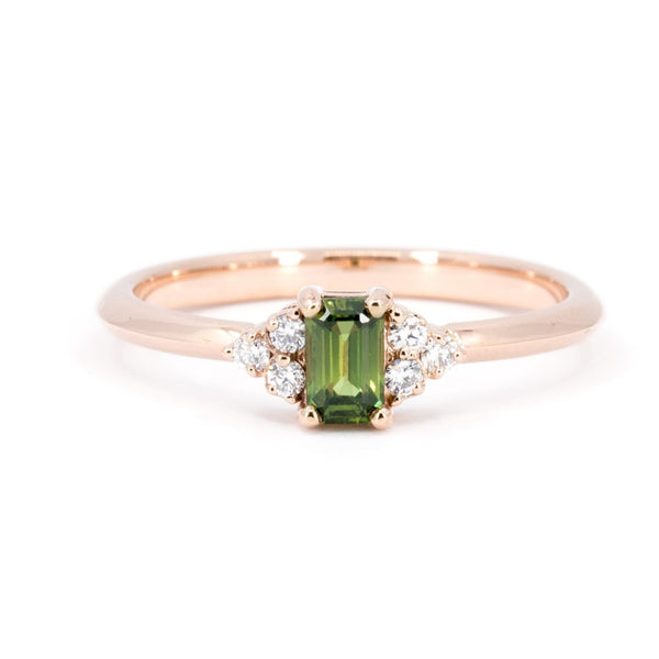 Emerald Shape Baguette Green Sapphire Gemstone Diamond Desir Ring by Bena Jewelry