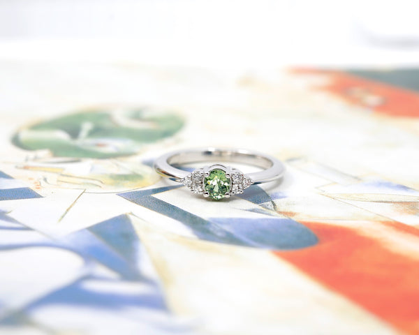 bena jewelry engagement ring custom made in montreal with green demantoid garnet and diamond