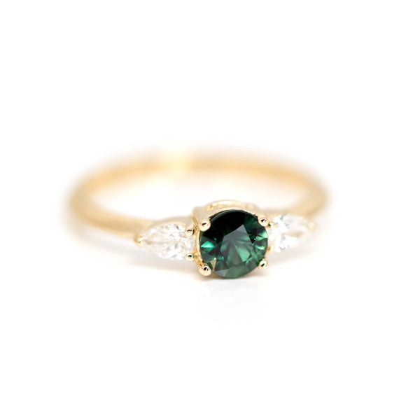 pear shape diamond and green sapphire gold ring bena jewelry design
