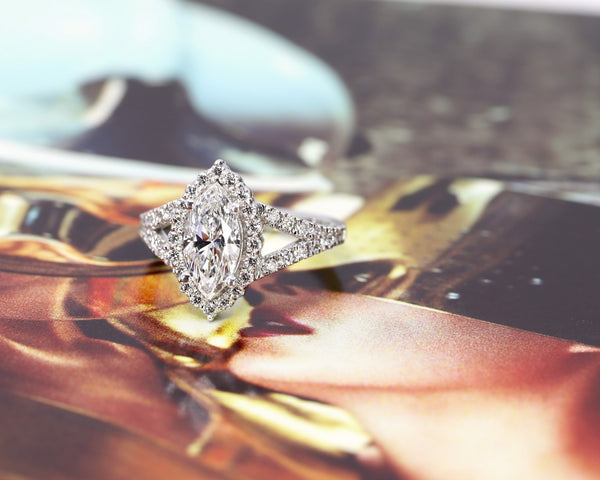 marquise shape diamond white gold engagement ring custom made in montreal bena jewelry