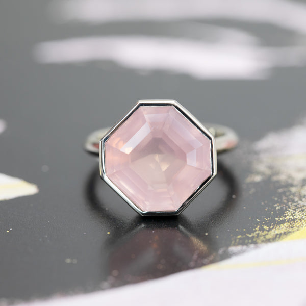 Rose Quartz Octagone Unique Statement Ring Bena Jewelry Montreal on a Dark Background