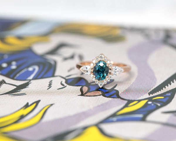 Custom Made Bridal Ring With Oval Shape Montana Sapphire Pear Shape Diamond Ring on Multi Color Background