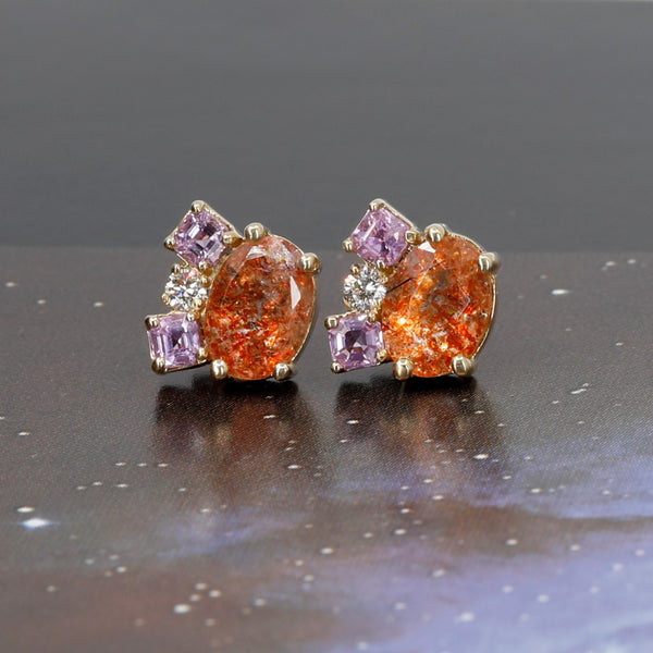 Sunstone Pink Sapphire & Diamond Gold Stud Earrings by Bena Jewelry