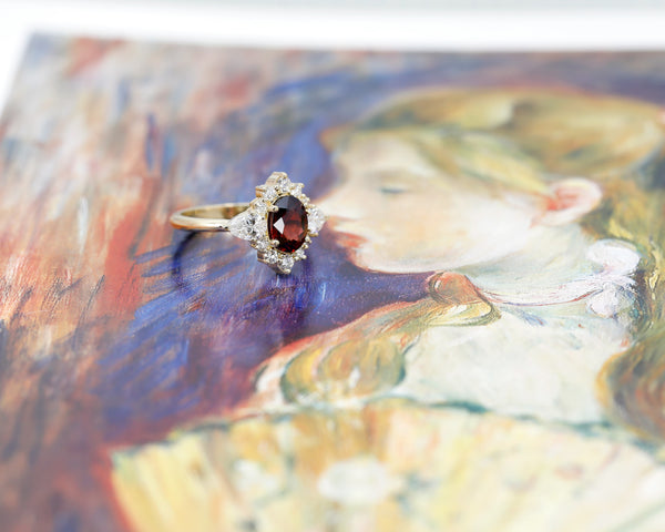pyrope garnet and lab grown diamond custom made engagement ring by bena jewelry