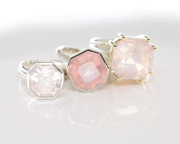 Set of rose quartz statement ring bena jewelry montreal on white background