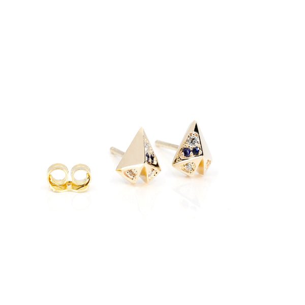 yellow gold diamond and sapphire edgy heart stud earrings by bena jewelry montreal