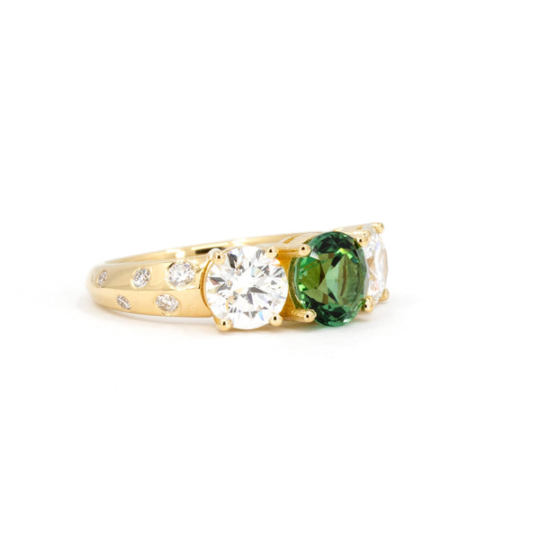 Trillogy Diamond And Tourmaline Gemstone Yellow Gold Engagement Ring