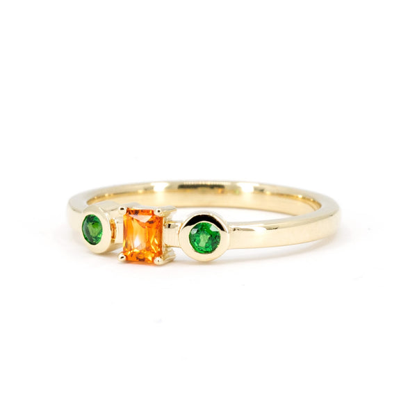 Orange Sapphire And Round Green Garnet Yellow Gold Ring