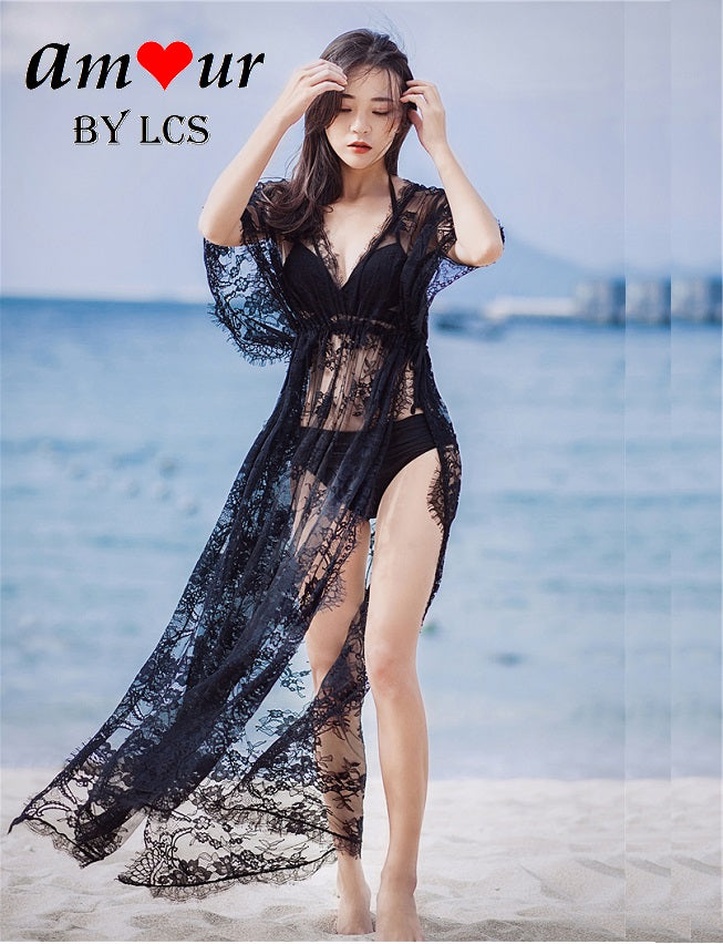 Ultra Sexy Sheer Black Lace Maxi Gown Amour Lingerie
