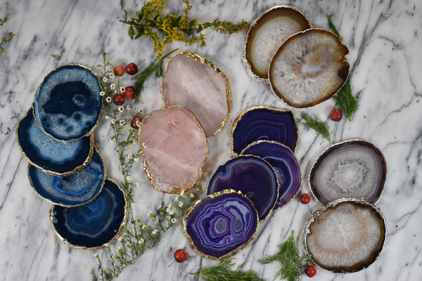 Agate and rose quartz coasters in silver and gold electroplating wholesale