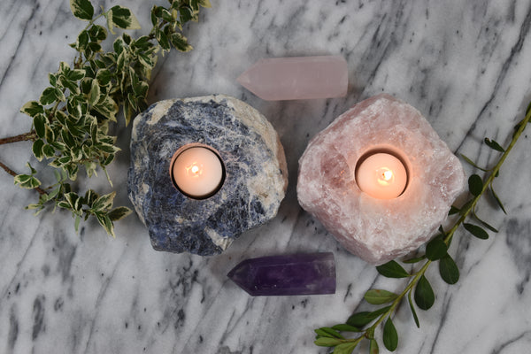 sodalite and rose quartz block votive candle holders 