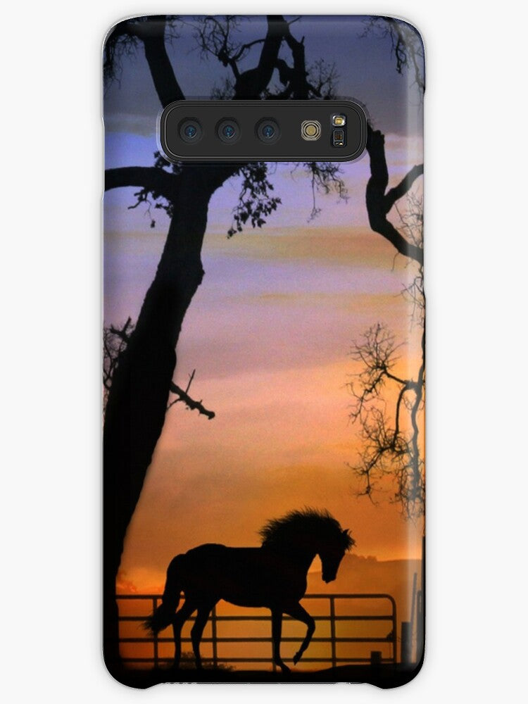 Beautiful Horse and Fence with Oak Tree Sunrise Silhouette Coque Samsung S10